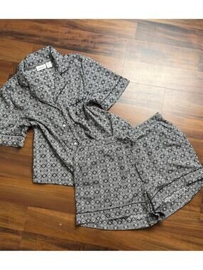 Haute Hippie Style Pajama Set Large Black White Button Up Top Shorts Pockets